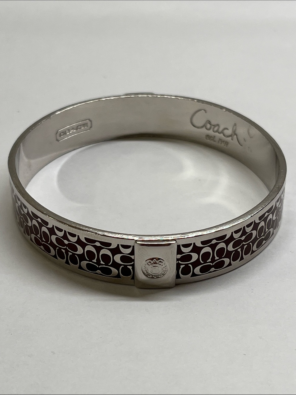 Coach Silvertone Signature Brown Bangle Bracelet EUC